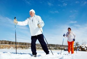Couple skiing