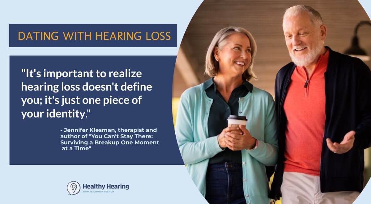 A couple gets coffee, with text overlaid about how hearing loss doesn't define you.