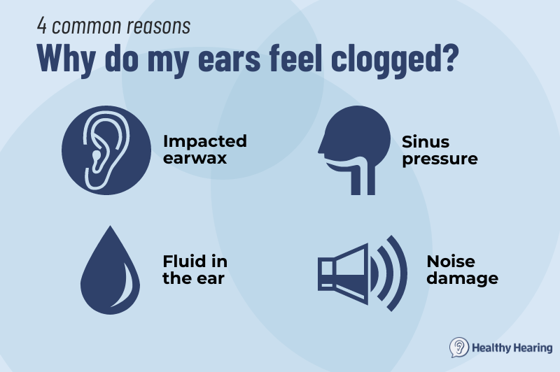 Infographic giving four reasons ears may be clogged: fluid in the ear, ear infections, sinus pressure, and allergies.  