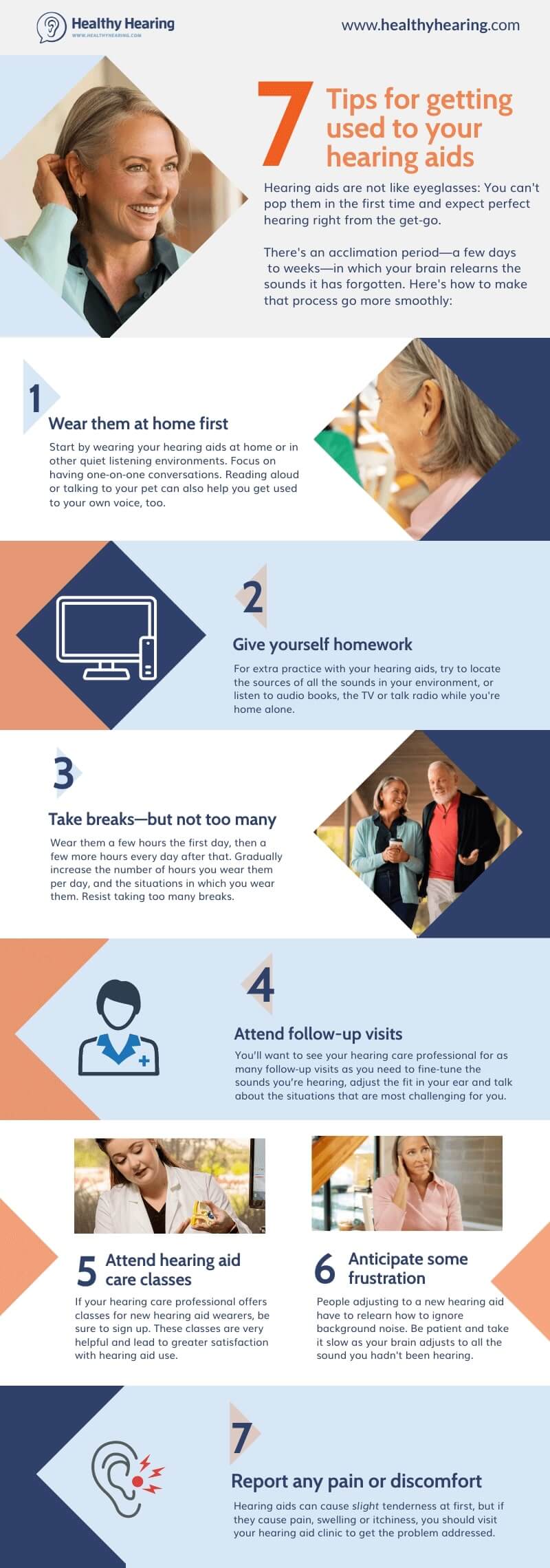 An infographic explaining seven tips for getting used to new hearing aids. 