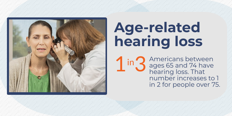 A woman receives an ear exam. 
