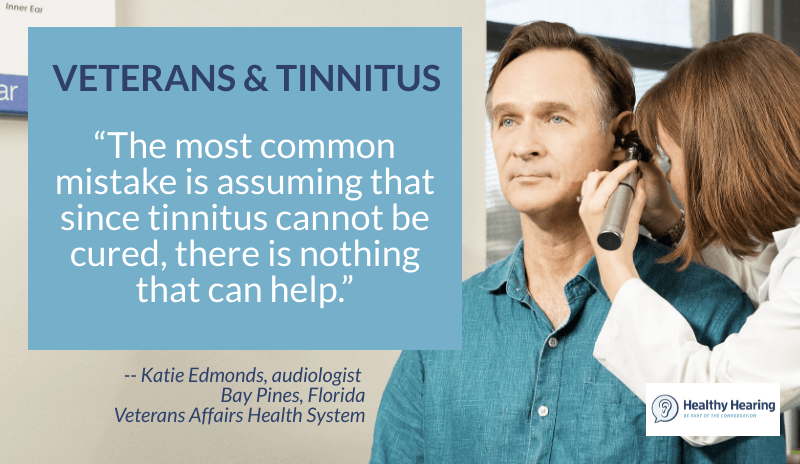A man receives a hearing exam, with a quote on veterans getting help for tinnitus.